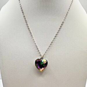 Vintage 90s Iridescent Rainbow Heart Pendant Necklace Silver Tone Boho Jewelry